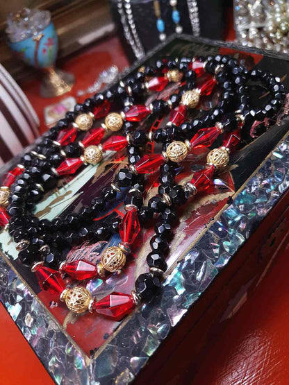 Vintage 1960s Black Red Bead Filigree Boho Necklace  61" Bohemian