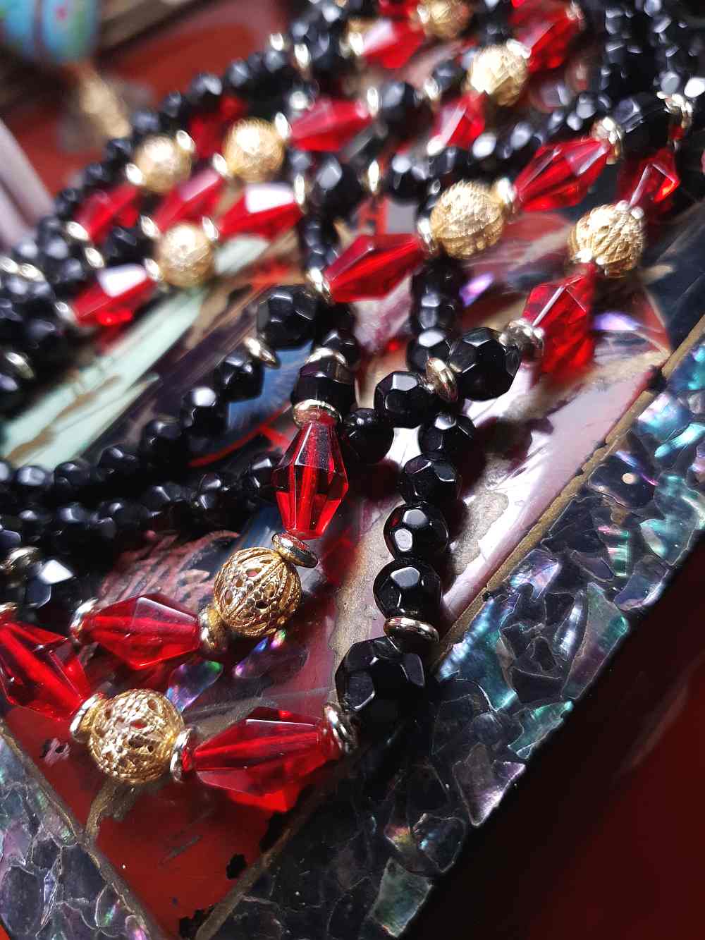 Vintage 1960s Black Red Bead Filigree Boho Necklace  61" Bohemian