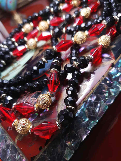 Vintage 1960s Black Red Bead Filigree Boho Necklace  61" Bohemian