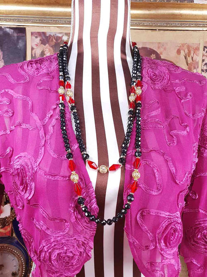 Vintage 1960s Black Red Bead Filigree Boho Necklace  61" Bohemian