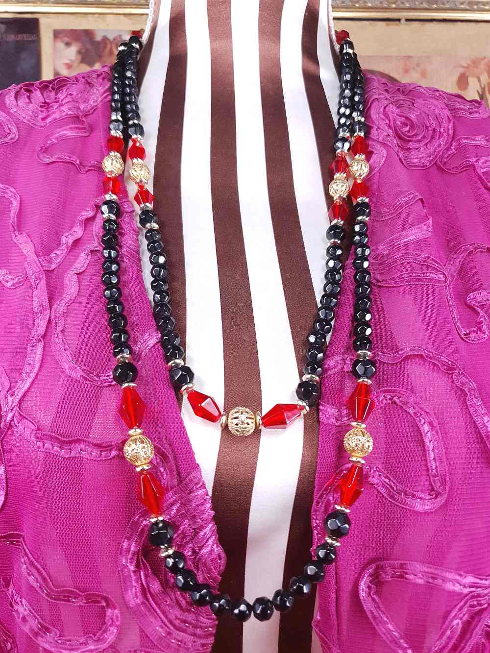 Vintage 1960s Black Red Bead Filigree Boho Necklace  61" Bohemian