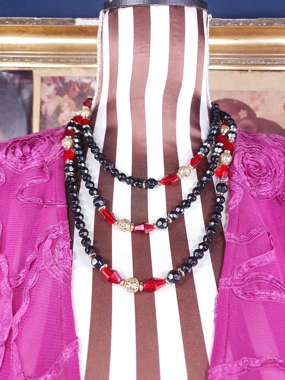 Vintage 1960s Black Red Bead Filigree Boho Necklace  61" Bohemian