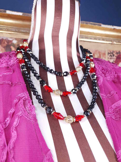Vintage 1960s Black Red Bead Filigree Boho Necklace  61" Bohemian