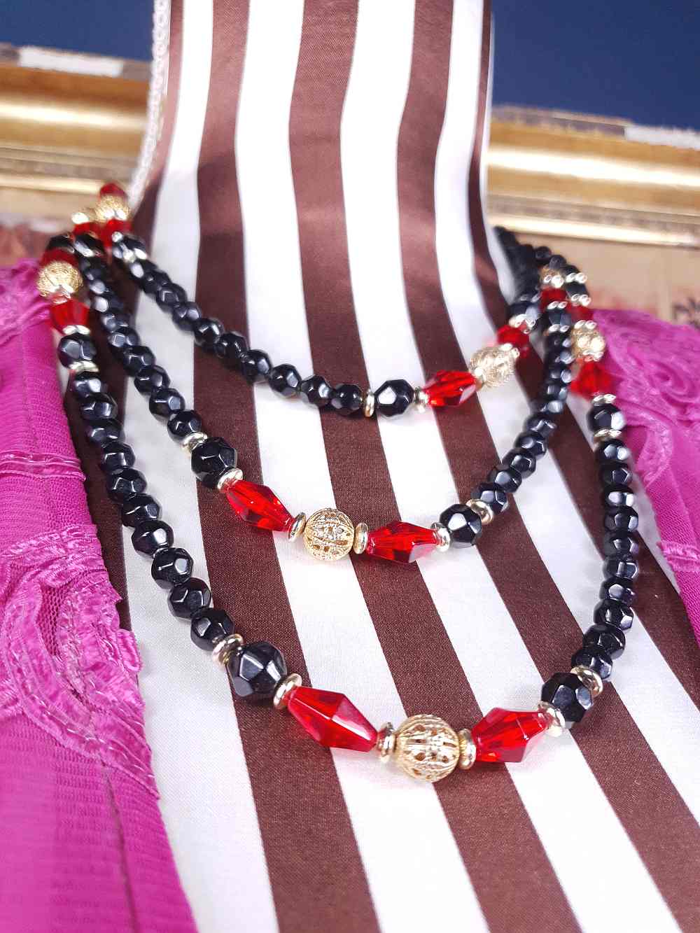 Vintage 1960s Black Red Bead Filigree Boho Necklace  61" Bohemian
