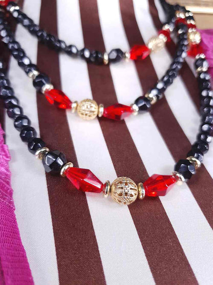 Vintage 1960s Black Red Bead Filigree Boho Necklace  61" Bohemian