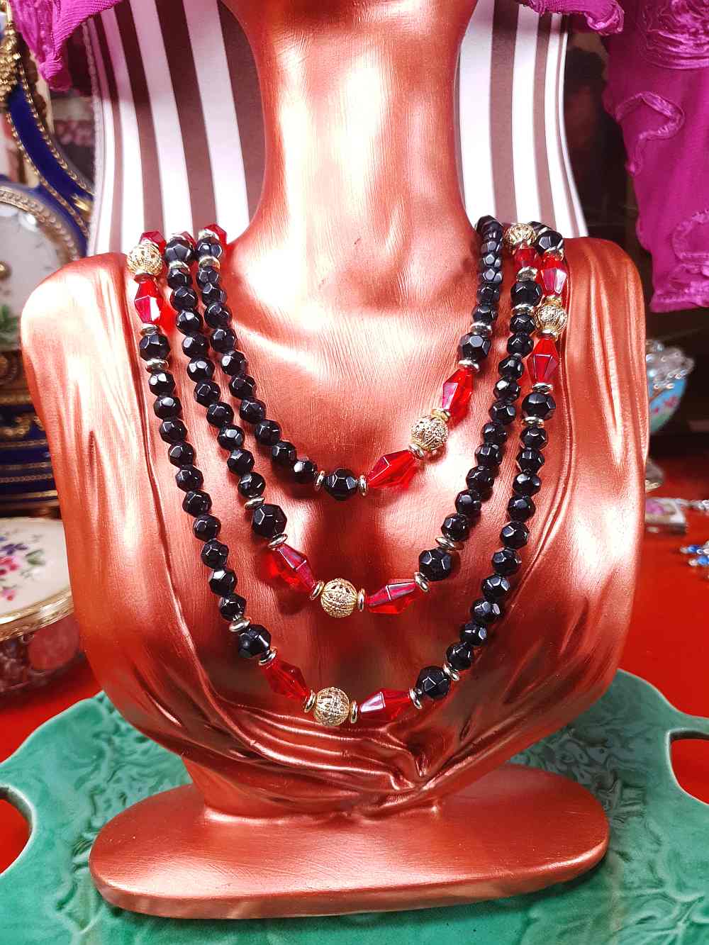 Vintage 1960s Black Red Bead Filigree Boho Necklace  61" Bohemian