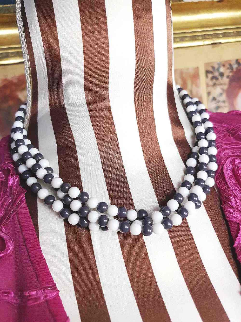 Vintage 1960s Blue White Necklace Three Strands Retro Mod