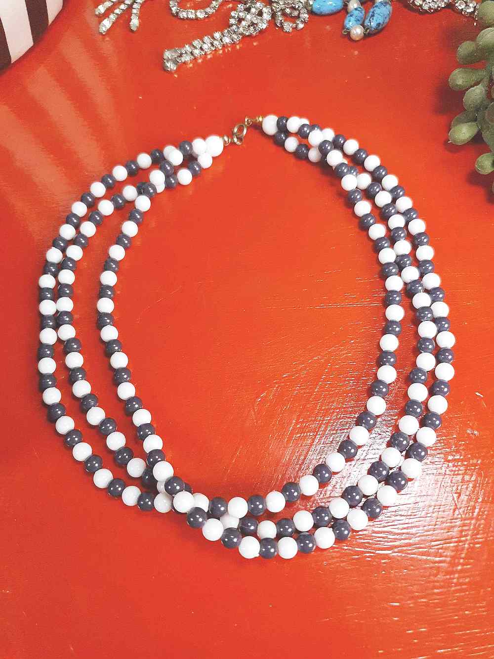 Vintage 1960s Blue White Necklace Three Strands Retro Mod