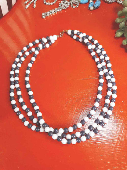 Vintage 1960s Blue White Necklace Three Strands Retro Mod