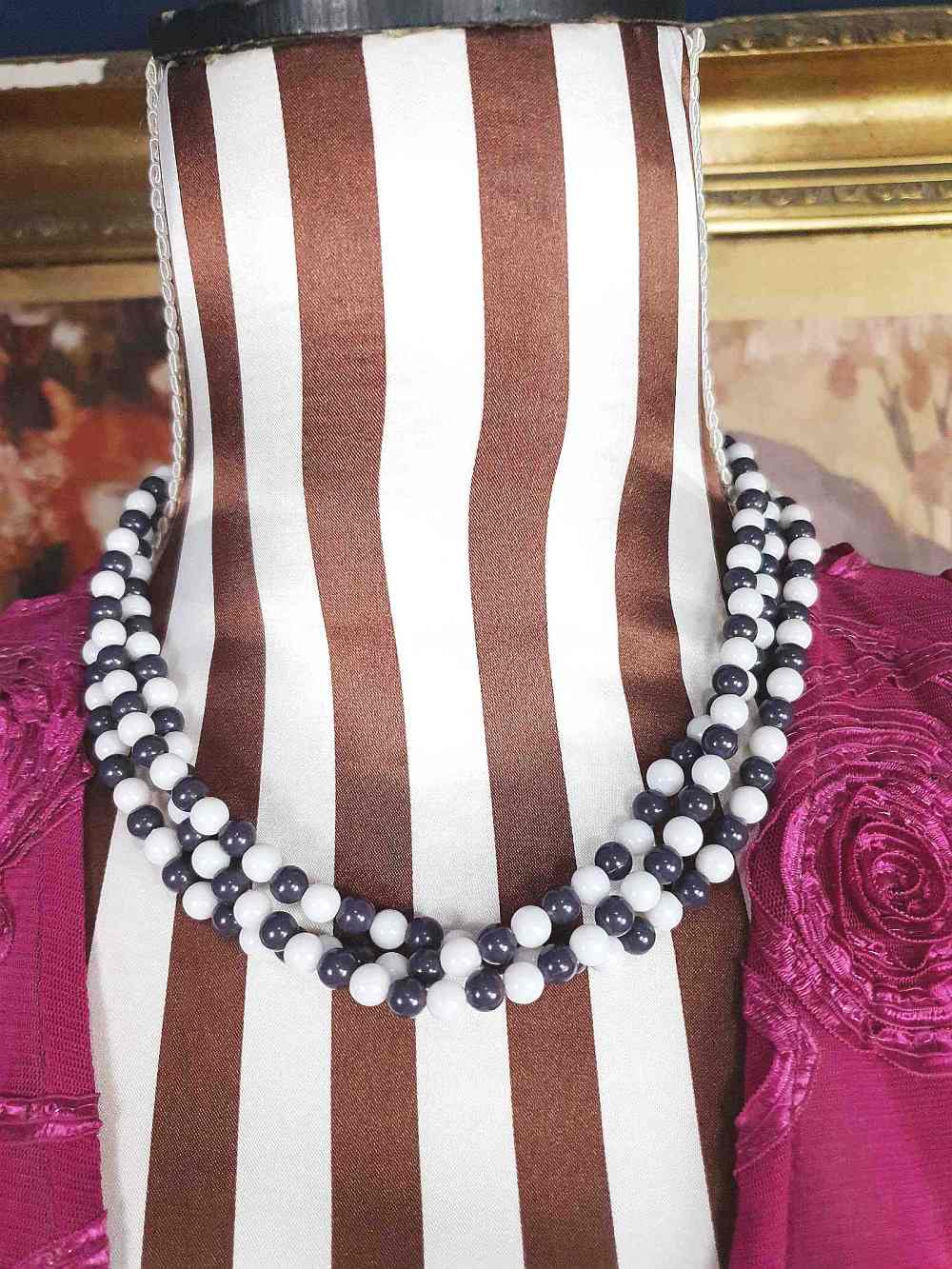 Vintage 1960s Blue White Necklace Three Strands Retro Mod