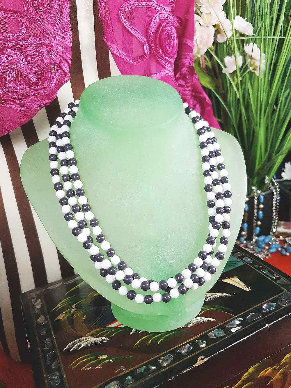 Vintage 1960s Blue White Necklace Three Strands Retro Mod