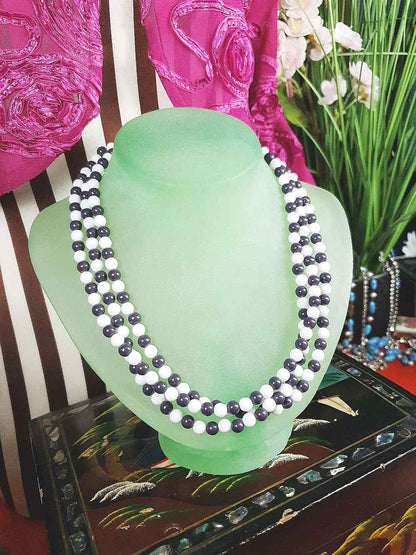 Vintage 1960s Blue White Necklace Three Strands Retro Mod