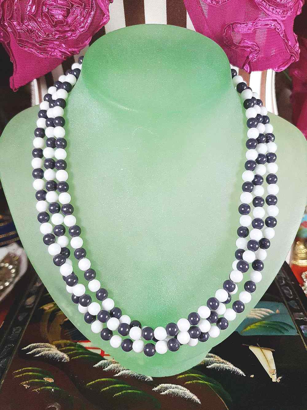 Vintage 1960s Blue White Necklace Three Strands Retro Mod