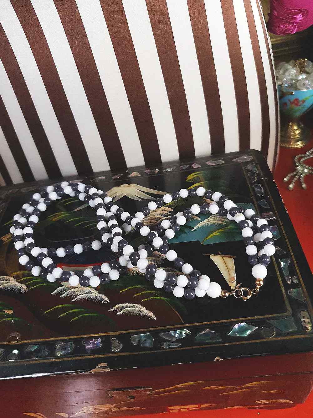 Vintage 1960s Blue White Necklace Three Strands Retro Mod