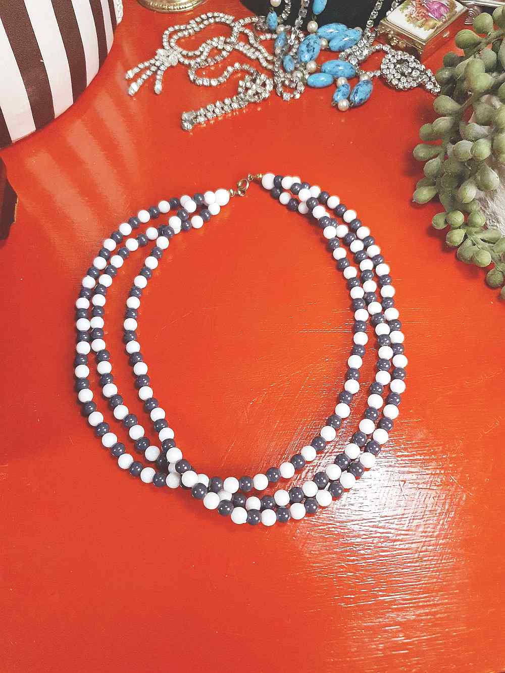 Vintage 1960s Blue White Necklace Three Strands Retro Mod