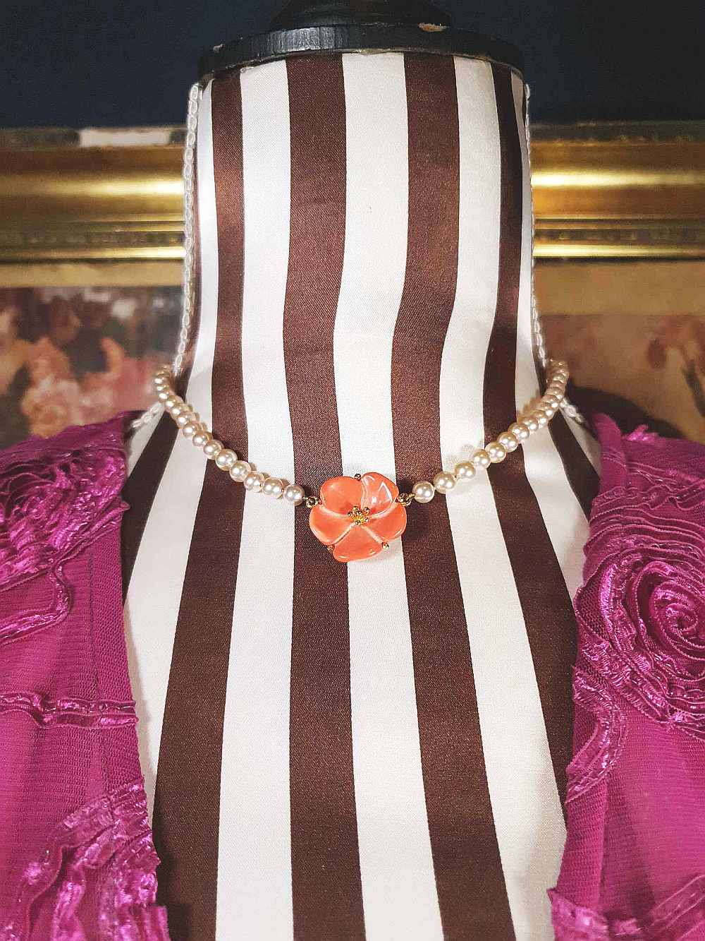 Vintage 1960s Pearl Necklace Choker Orange Flower Pendant Floral Lucite