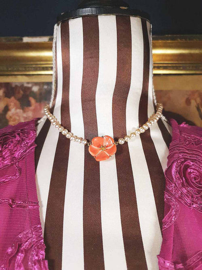 Vintage 1960s Pearl Necklace Choker Orange Flower Pendant Floral Lucite
