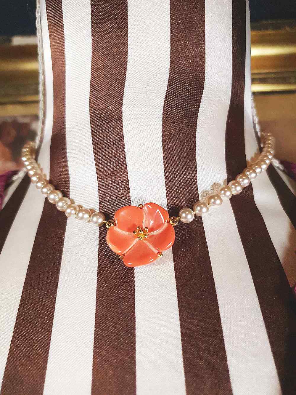 Vintage 1960s Pearl Necklace Choker Orange Flower Pendant Floral Lucite
