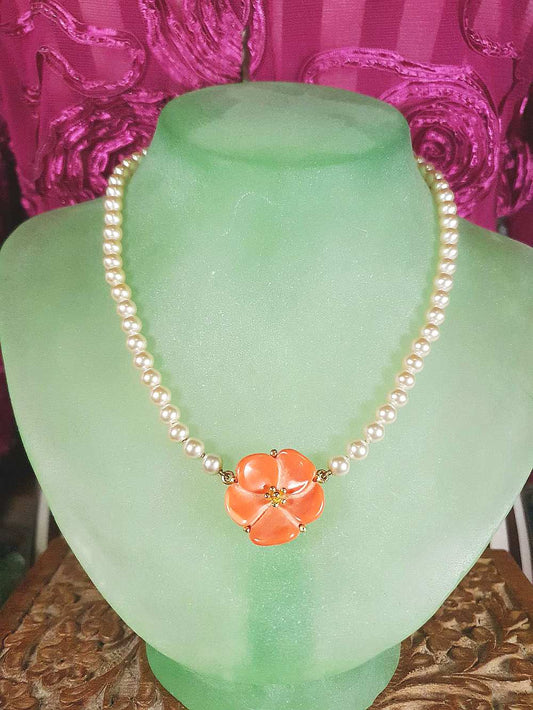 Vintage 1960s Pearl Necklace Choker Orange Flower Pendant Floral Lucite
