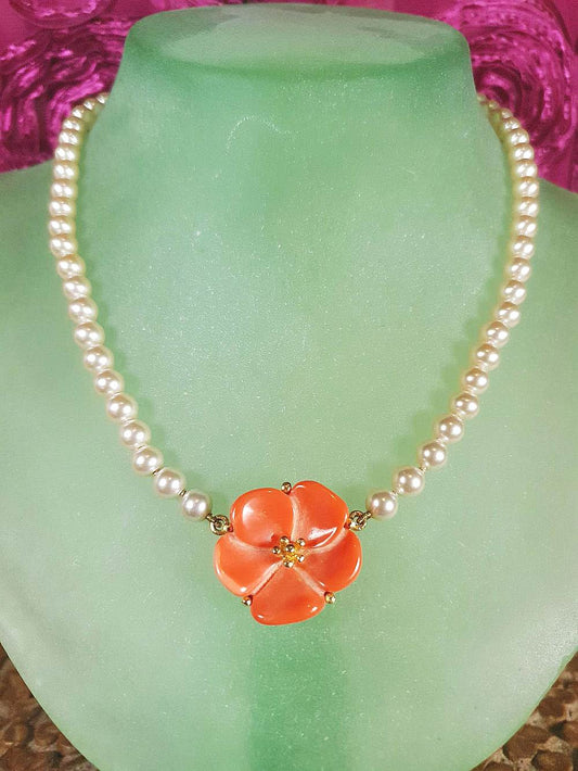 Vintage 1960s Pearl Necklace Choker Orange Flower Pendant Floral Lucite