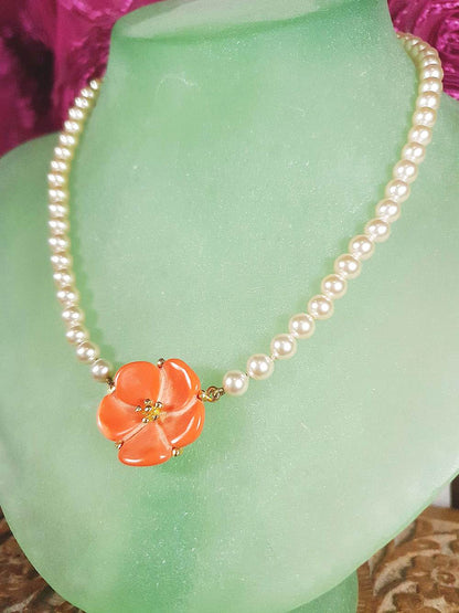 Vintage 1960s Pearl Necklace Choker Orange Flower Pendant Floral Lucite