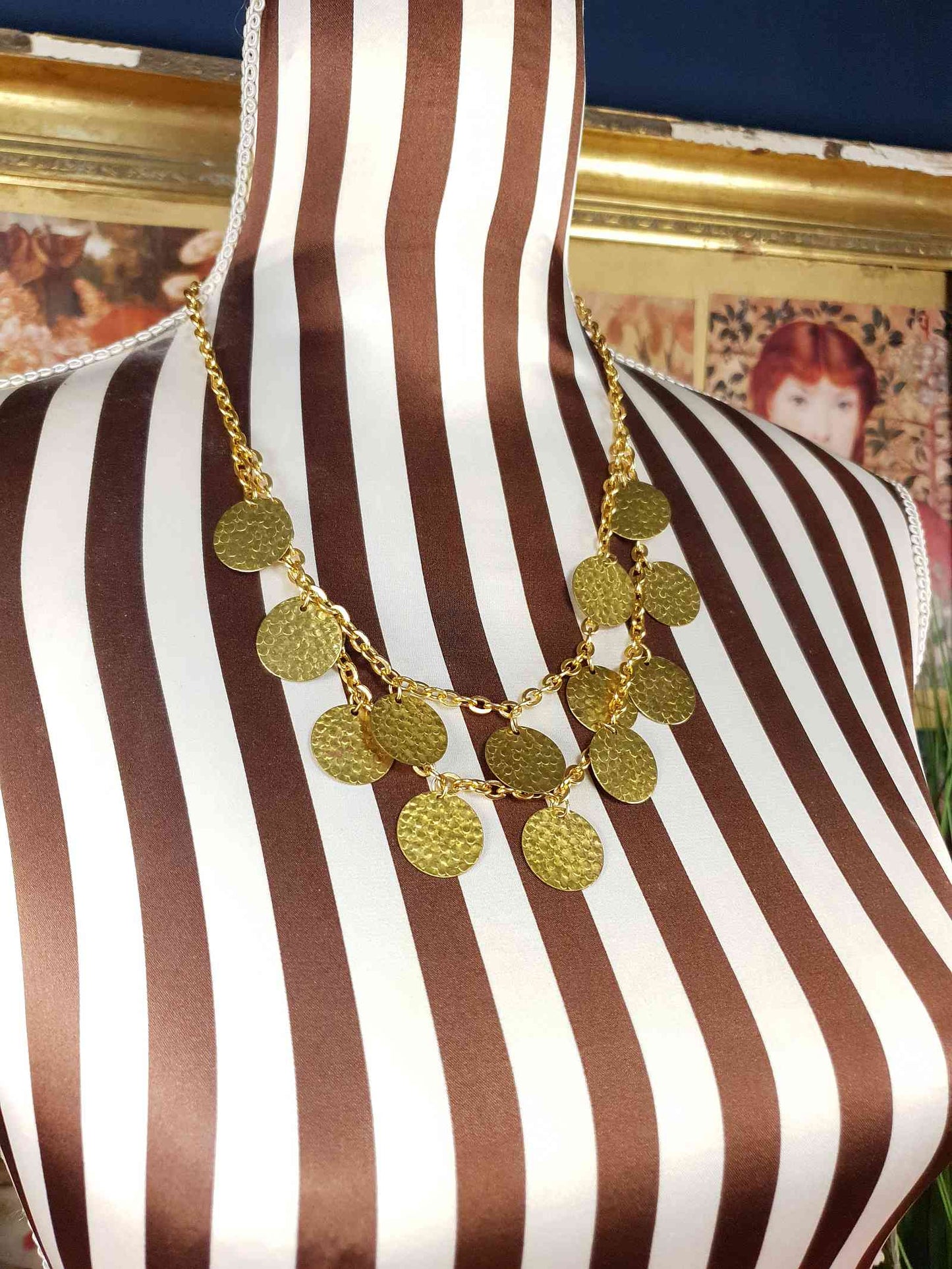 Vintage 1960s Hammered Metal Disc Necklace Gold-Tone Boho