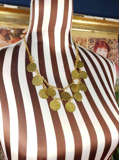 Vintage 1960s Hammered Metal Disc Necklace Gold-Tone Boho
