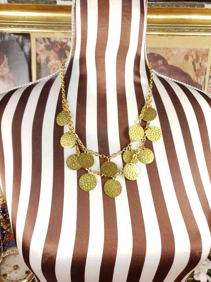 Vintage 1960s Hammered Metal Disc Necklace Gold-Tone Boho
