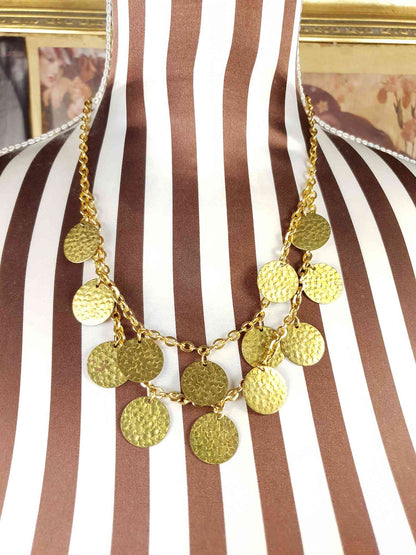 Vintage 1960s Hammered Metal Disc Necklace Gold-Tone Boho