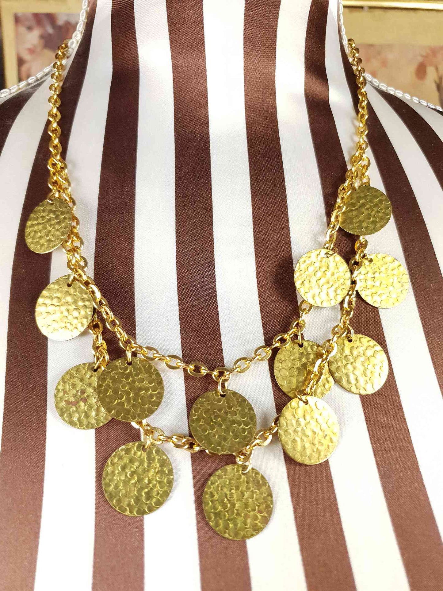 Vintage 1960s Hammered Metal Disc Necklace Gold-Tone Boho