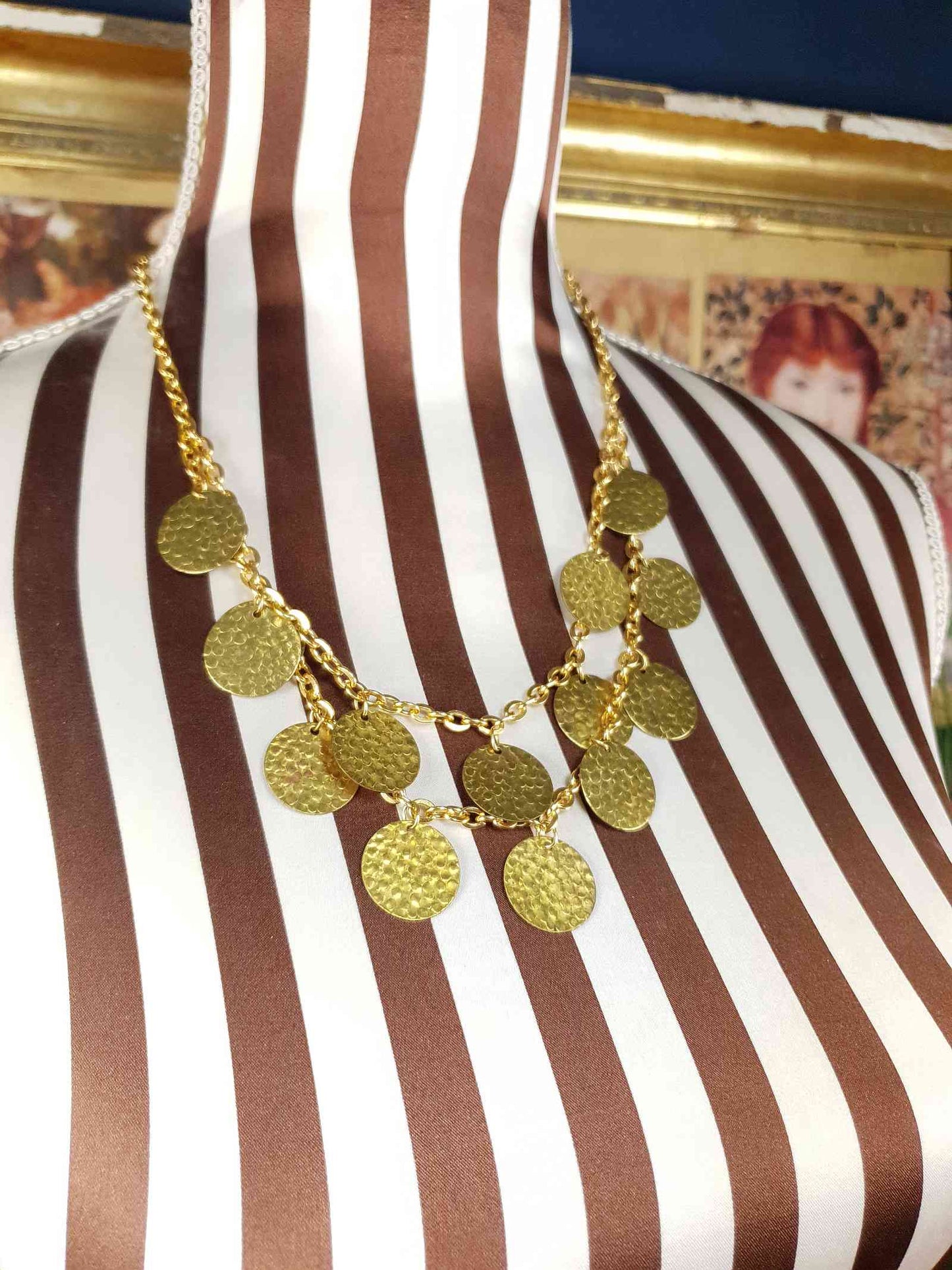 Vintage 1960s Hammered Metal Disc Necklace Gold-Tone Boho