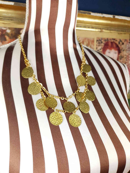 Vintage 1960s Hammered Metal Disc Necklace Gold-Tone Boho