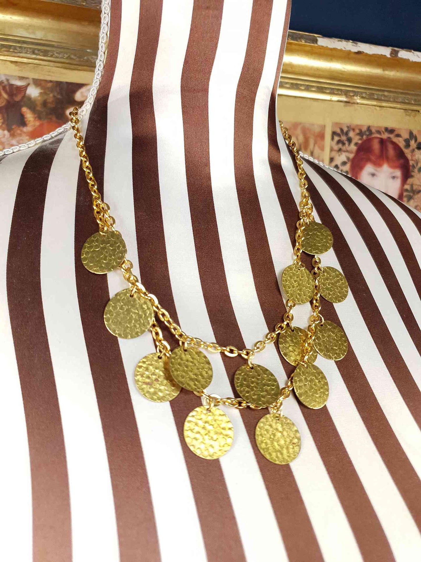 Vintage 1960s Hammered Metal Disc Necklace Gold-Tone Boho
