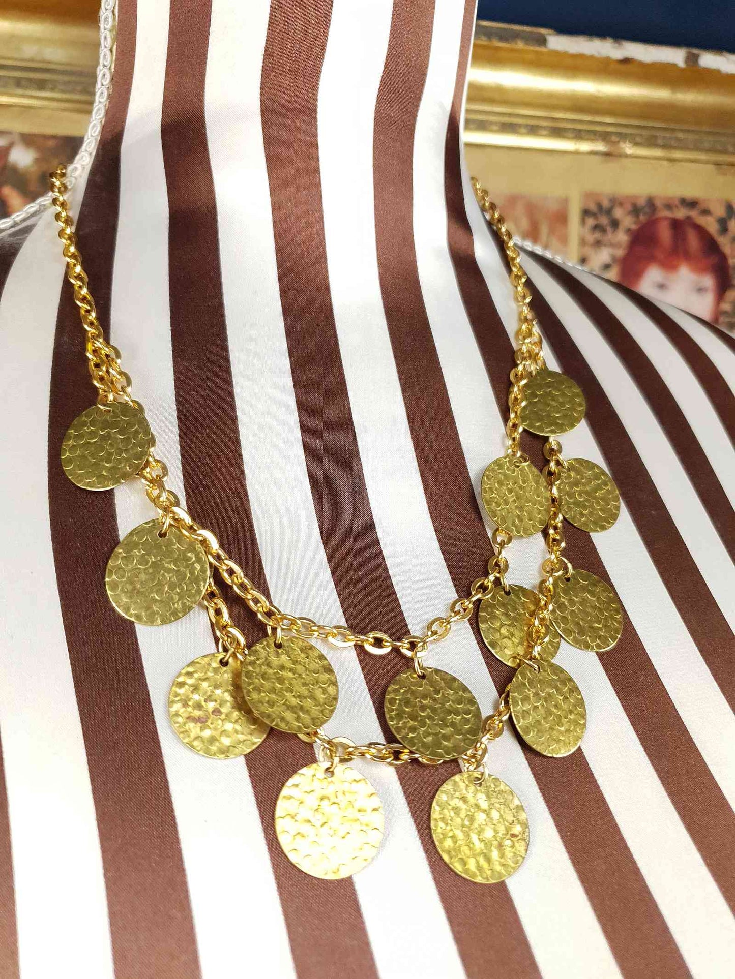 Vintage 1960s Hammered Metal Disc Necklace Gold-Tone Boho