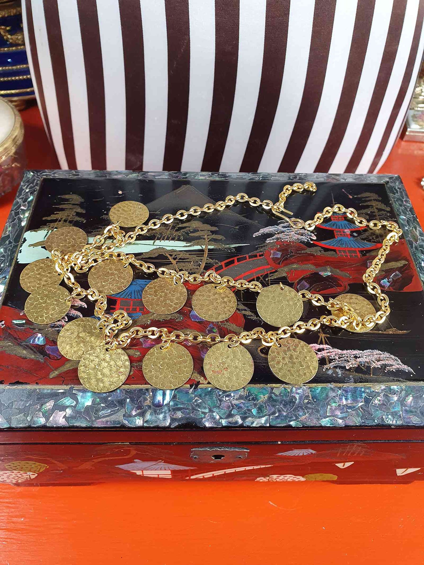 Vintage 1960s Hammered Metal Disc Necklace Gold-Tone Boho