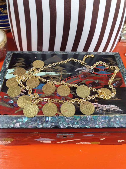 Vintage 1960s Hammered Metal Disc Necklace Gold-Tone Boho