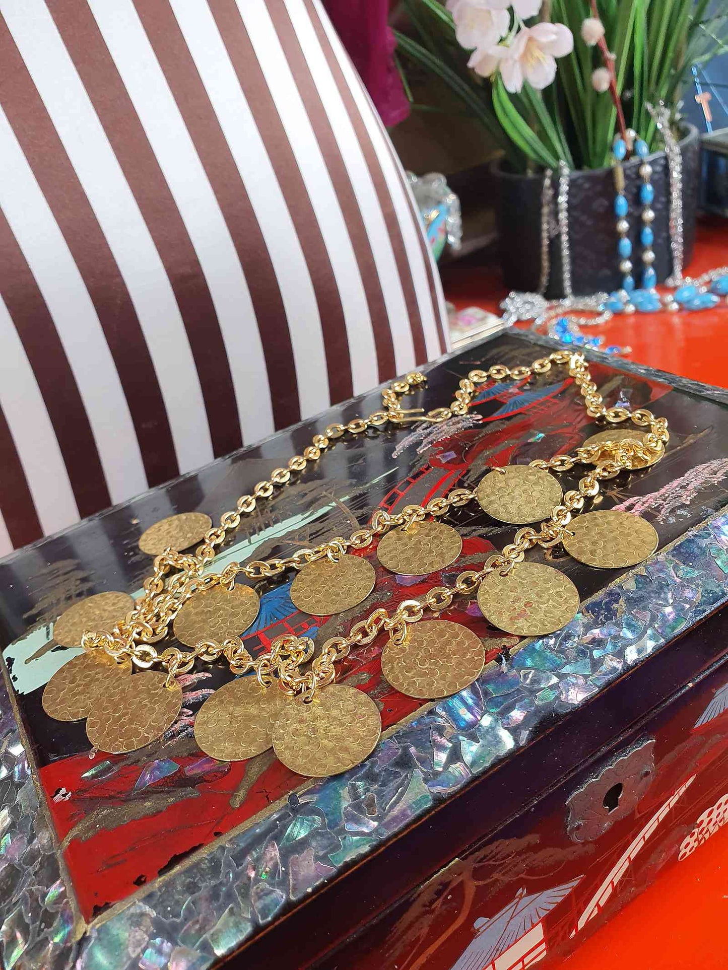 Vintage 1960s Hammered Metal Disc Necklace Gold-Tone Boho