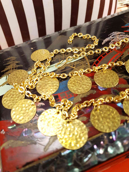 Vintage 1960s Hammered Metal Disc Necklace Gold-Tone Boho