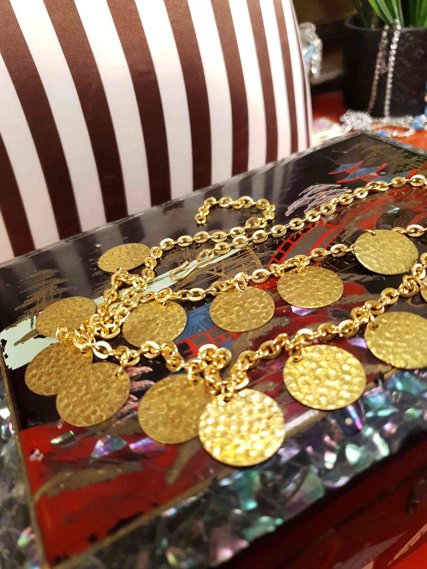 Vintage 1960s Hammered Metal Disc Necklace Gold-Tone Boho