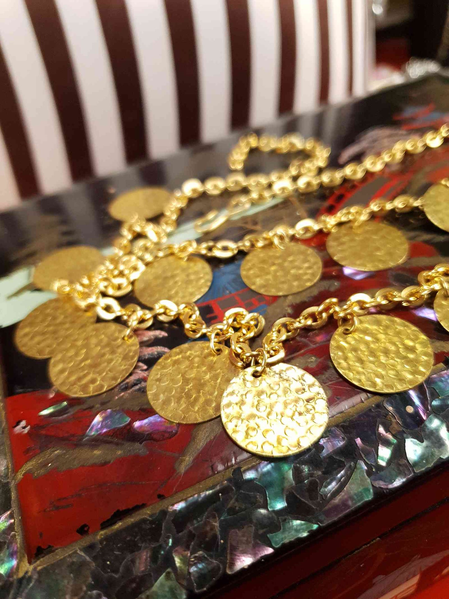 Vintage 1960s Hammered Metal Disc Necklace Gold-Tone Boho