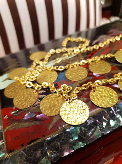 Vintage 1960s Hammered Metal Disc Necklace Gold-Tone Boho