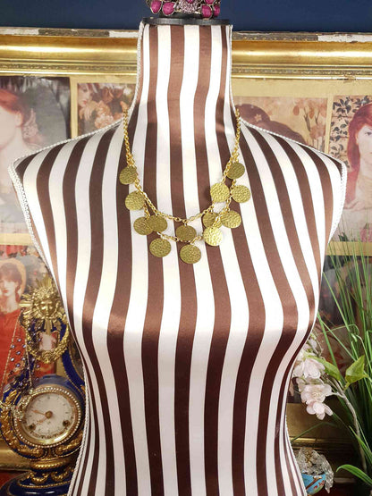 Vintage 1960s Hammered Metal Disc Necklace Gold-Tone Boho