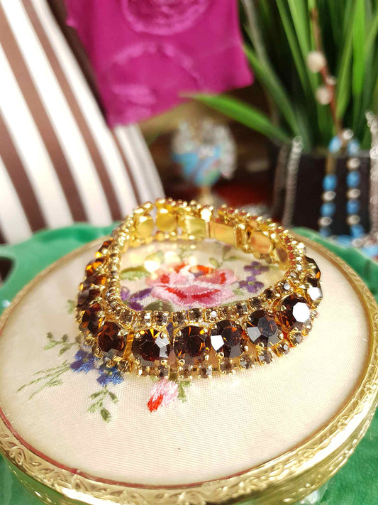 Vintage 1960s Amber Brown Rhinestone Bracelet Gold Tone Metal