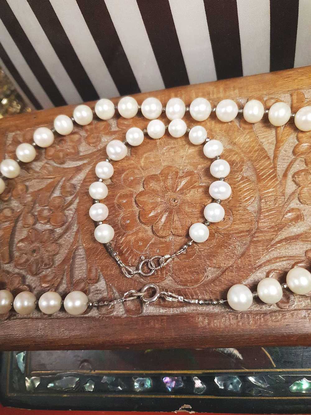 Vintage 1960s Freshwater Pearl Pearls Necklace Bracelet Set Demi Parure Sterling Silver