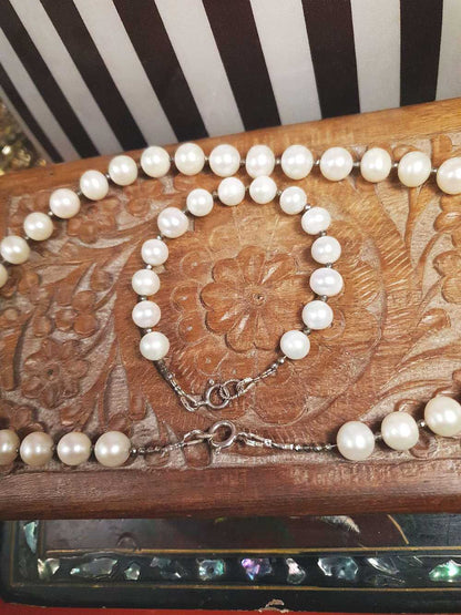 Vintage 1960s Freshwater Pearl Pearls Necklace Bracelet Set Demi Parure Sterling Silver