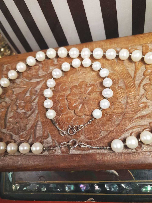 Vintage 1960s Freshwater Pearl Pearls Necklace Bracelet Set Demi Parure Sterling Silver