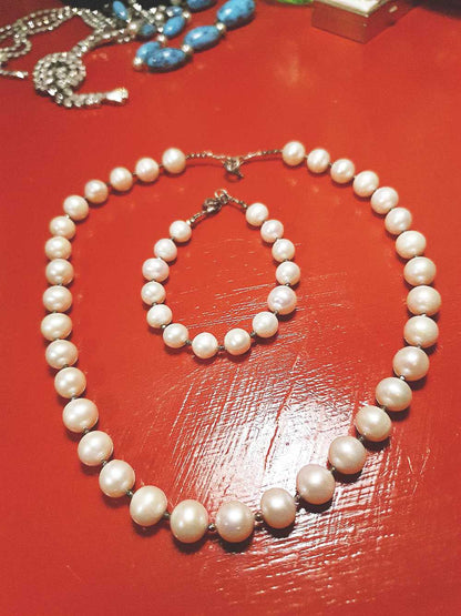 Vintage 1960s Freshwater Pearl Pearls Necklace Bracelet Set Demi Parure Sterling Silver