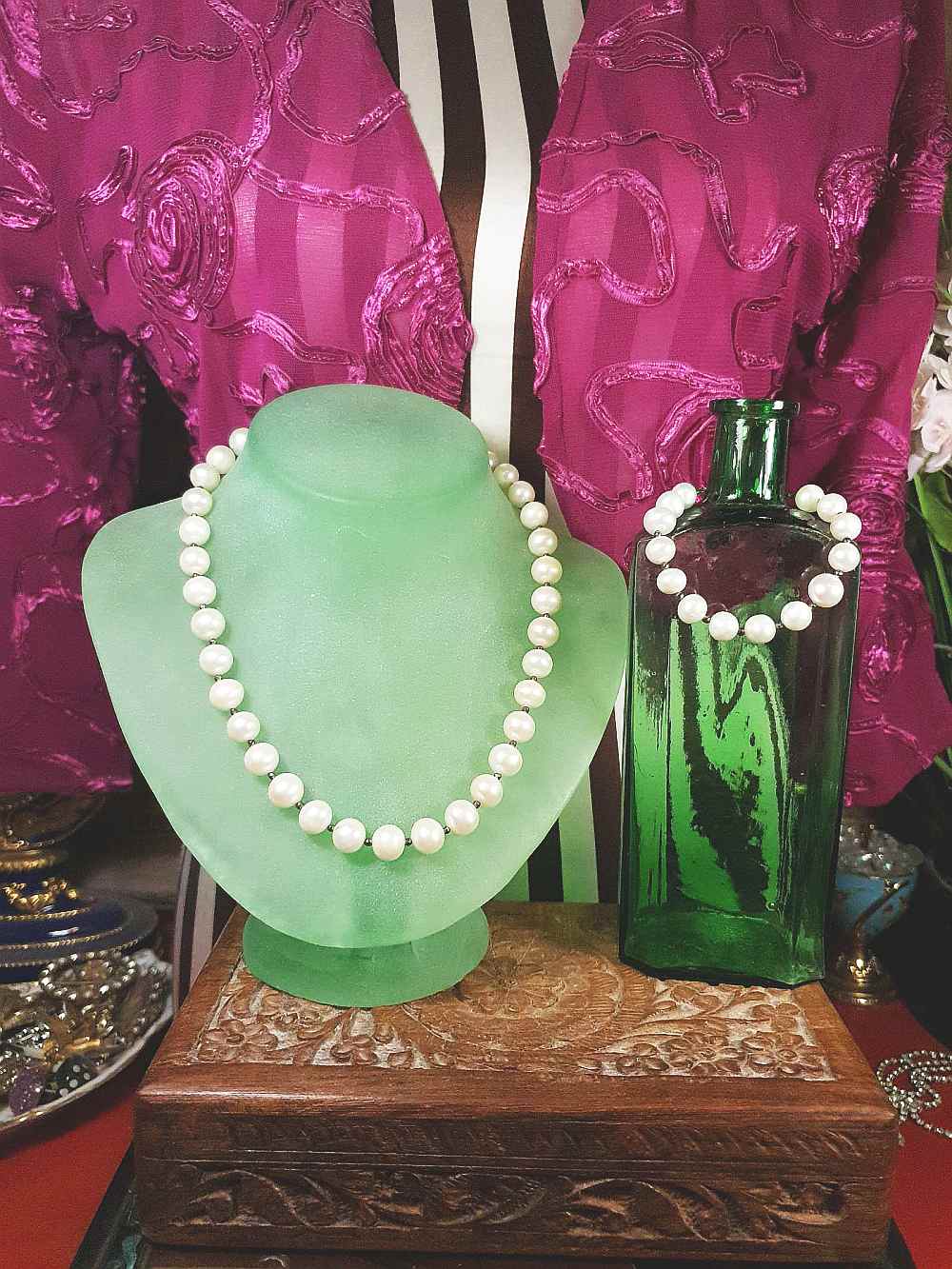 Vintage 1960s Freshwater Pearl Pearls Necklace Bracelet Set Demi Parure Sterling Silver