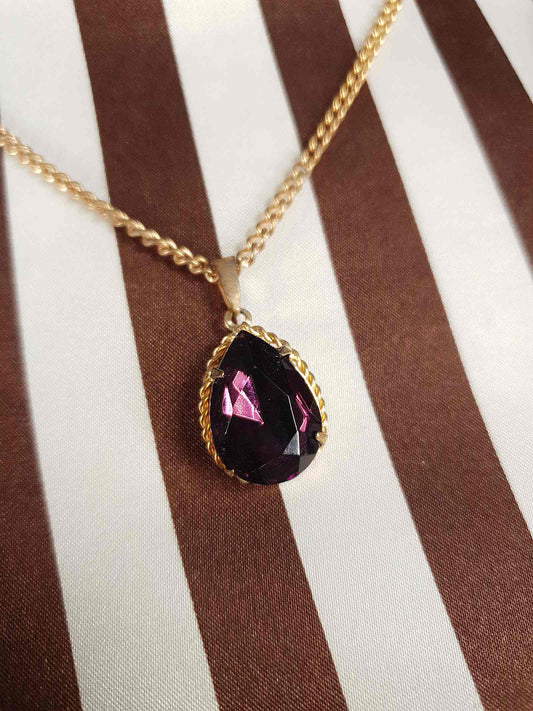 Vintage 1960s Purple Rhinestone Pendant Necklace Gold Tone