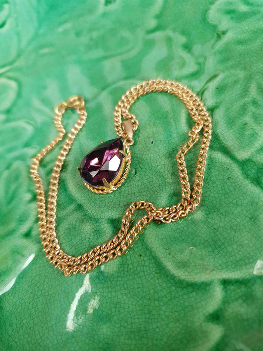 Vintage 1960s Purple Rhinestone Pendant Necklace Gold Tone